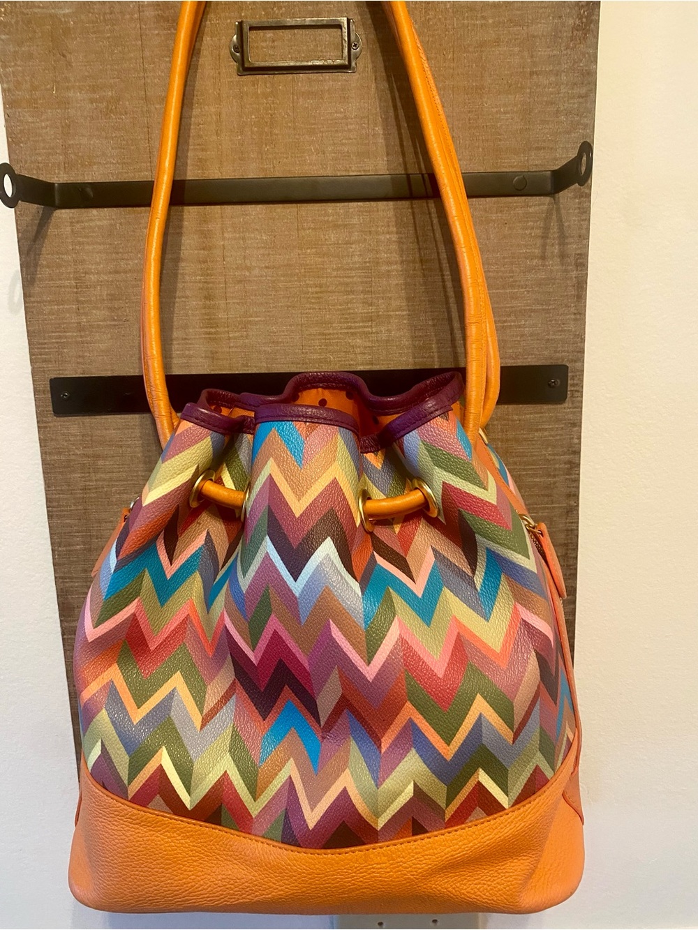 RARE MacKenzie-Childs Leather Kaleidoscope Bucket Bag Unused